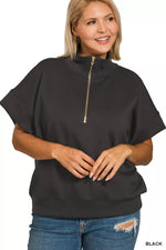 Zenana Full Size Scuba High Neck Half Zip Short Sleeve Top Plus Size