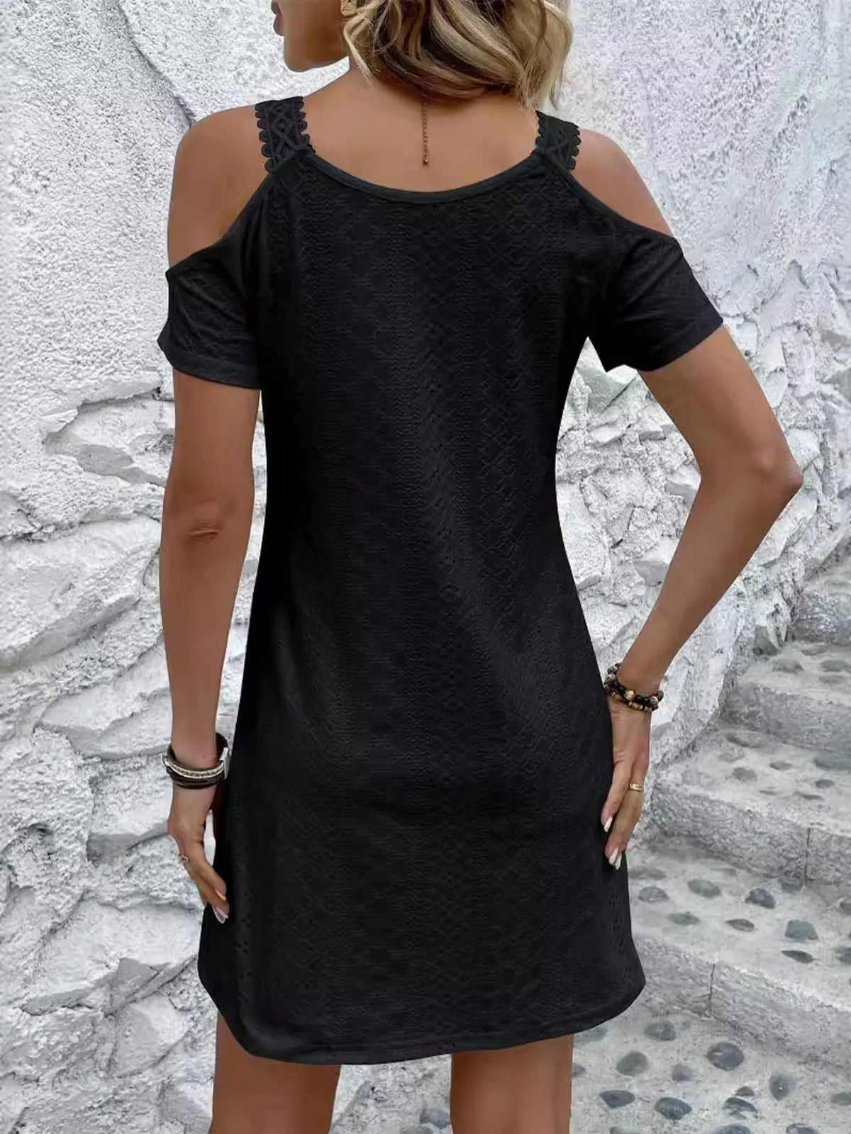 Cold Shoulder Short Sleeve Eyelet Mini Dress - Ladyez