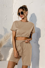 Short Sleeve Cropped Top and Drawstring Shorts Lounge Set - Ladyez