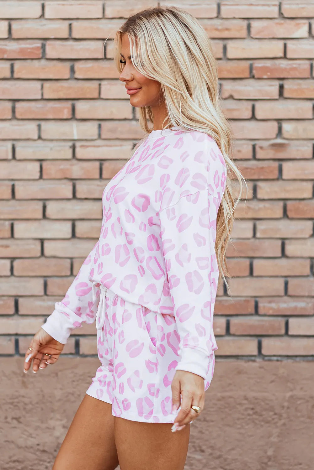 Leopard Long Sleeve Top and Drawstring Shorts Lounge Set - Ladyez