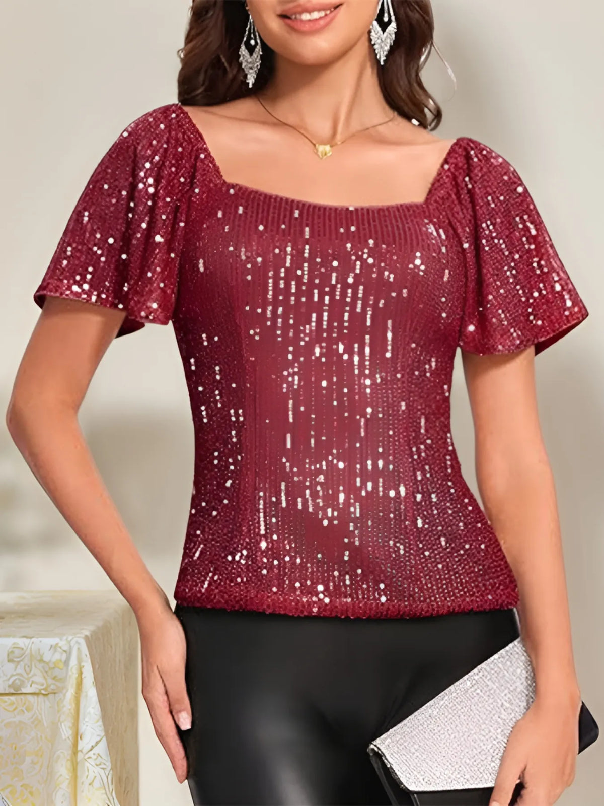 Square Neck Sequin Short Sleeve Blouse - Ladyez