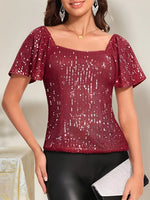 Square Neck Sequin Short Sleeve Blouse - Ladyez
