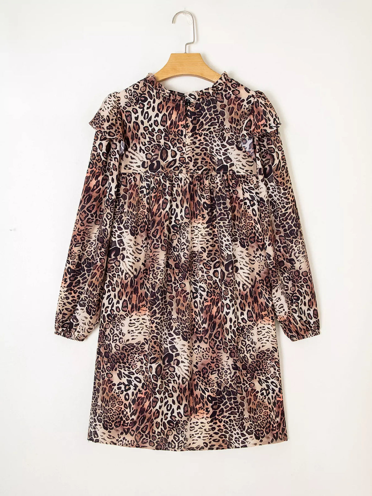 Leopard Ruffled Detail Long Sleeve Loose Mini Dress