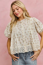 SO ME Floral Print Lace Trim Short Sleeves Blouse