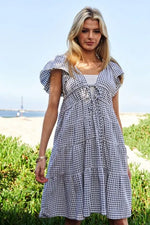 Davi & Dani Jacquard V-Neck Flutter Cap Sleeve Tiered Dress