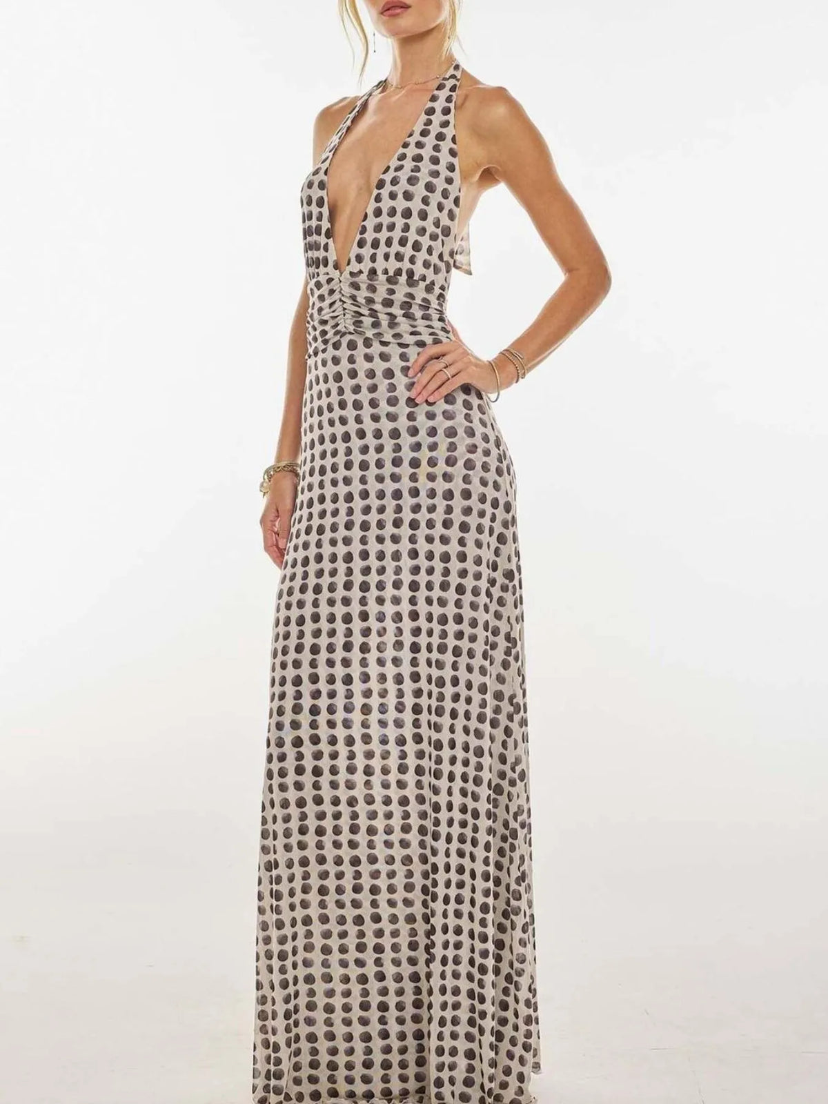 Floral Halter Neck Deep V Maxi Dress - Ladyez
