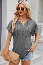 Half Button Drawstring Short Sleeve Hooded T-Shirt