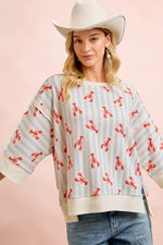 BiBi 4th Of July Lobsters Stripe Waffle Knit Sleeve Top