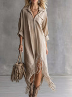 Fringe Hem Zip-Up Shirt Dress
