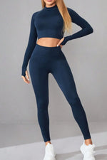 Mock Neck Long Sleeve Top and Pants Active Set - Ladyez