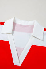 Stripe Collar V Neck Cuffed Dolman Short Sleeve Top