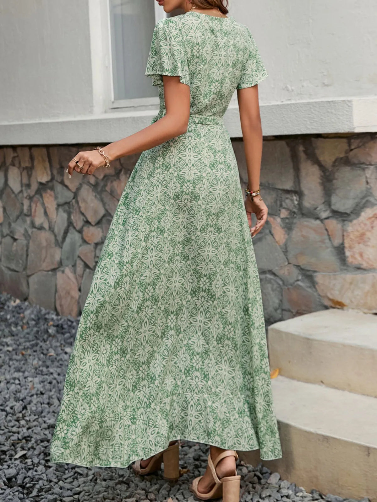 Printed Surplice Maxi Dress with Flutter Sleeves - Ladyez