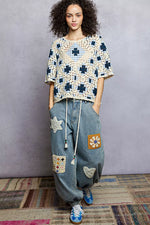POL Round Neck Short Sleeve Color Pattern Crochet Top with Border Accents