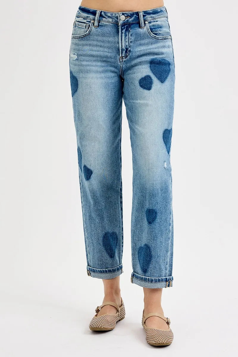 RISEN Full Size Mid Rise Fit-boyfriend Heart Shade Jeans Plus Size - Ladyez