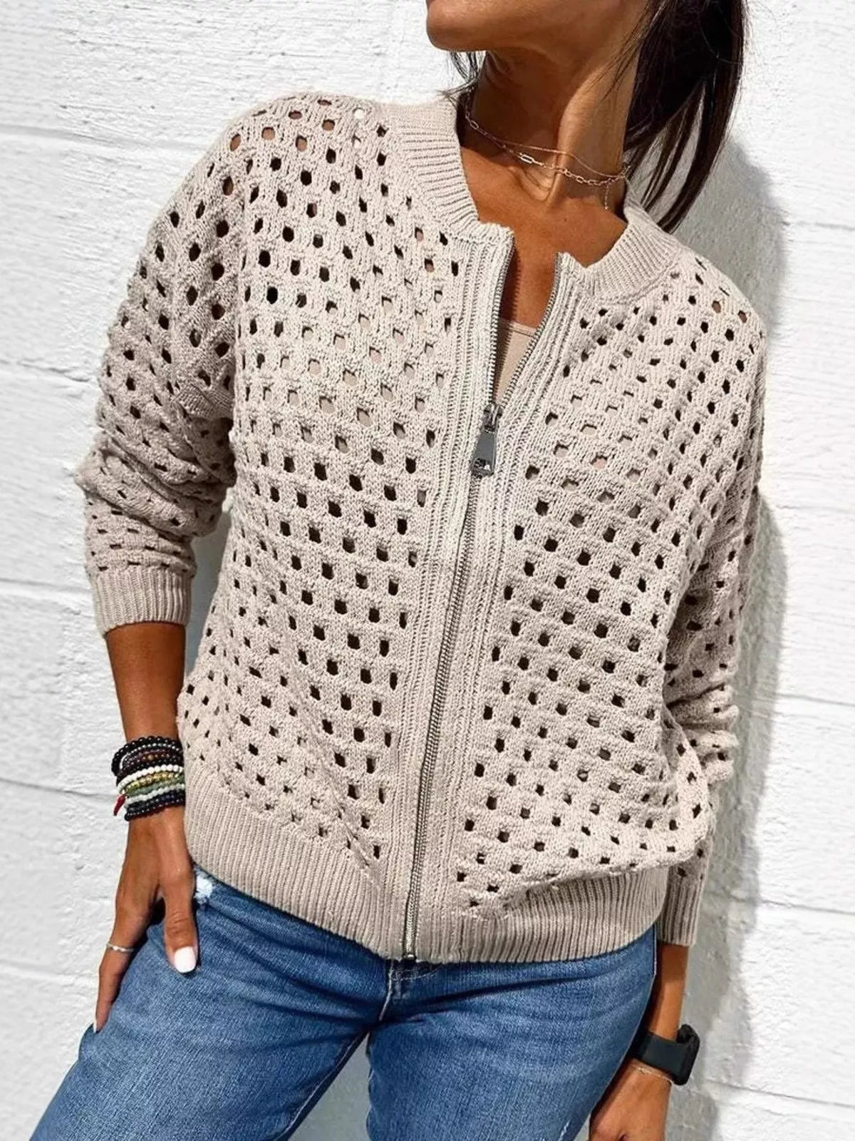 Full Size Zip Up Long Sleeve Cardigan with Eyelet Detail Plus Size