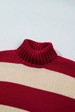 Stripe Ribbed Trim High Neck Relaxed Pullover Sweater