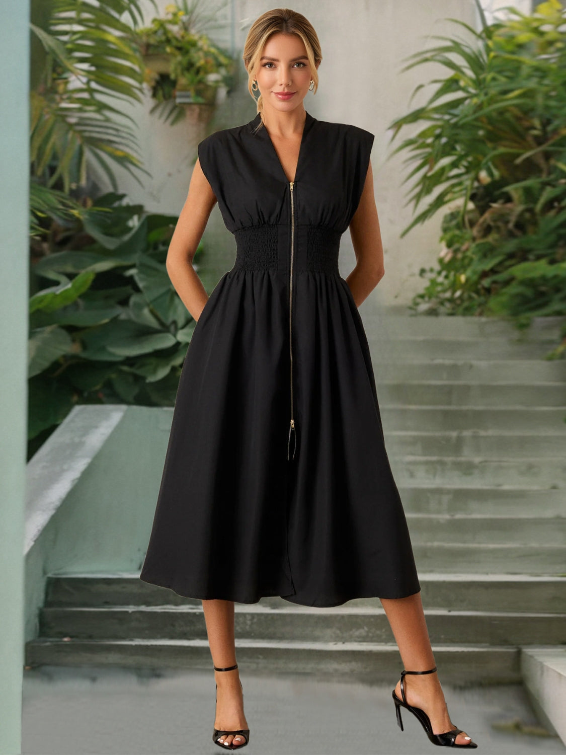 Smocked Zip Front Cap Sleeve Dress - Ladyez