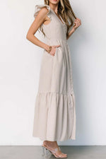 Slit Striped V-Neck Ruffled Cap Sleeve Dress