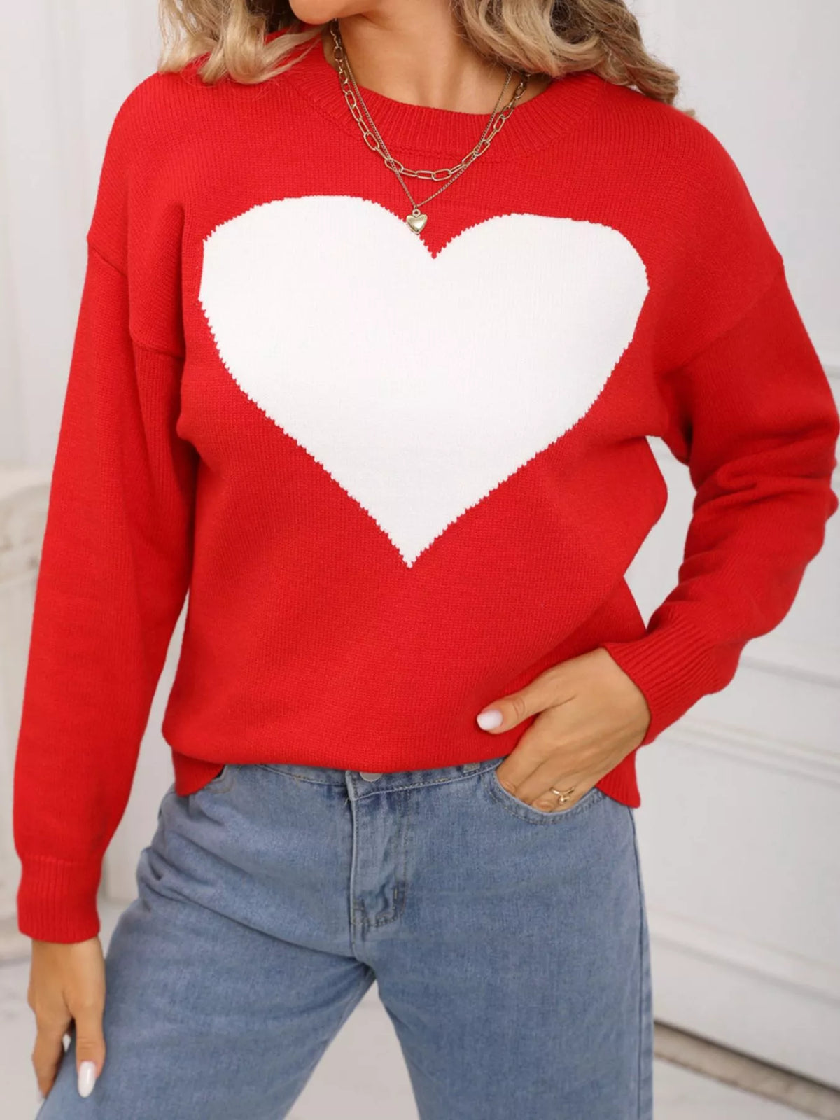 Valentine's Day Heart Round Neck Dropped Shoulder Sweater