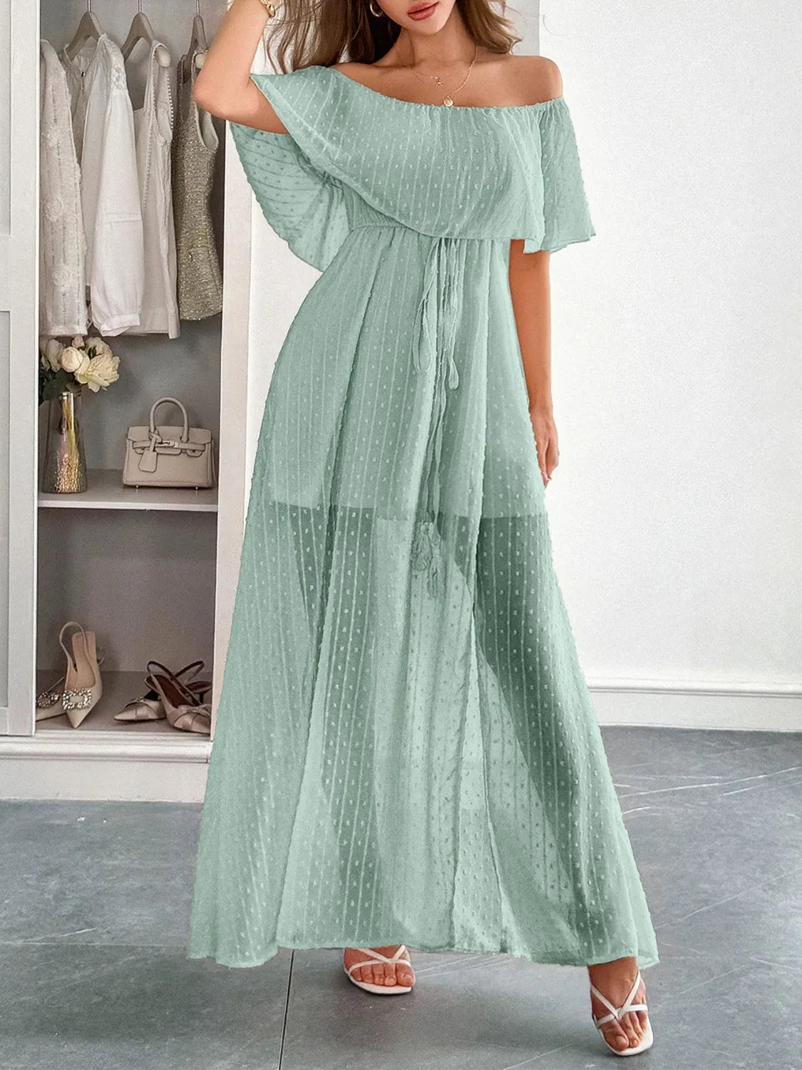 Swiss Dot Off Shoulder Maxi Dress - Ladyez