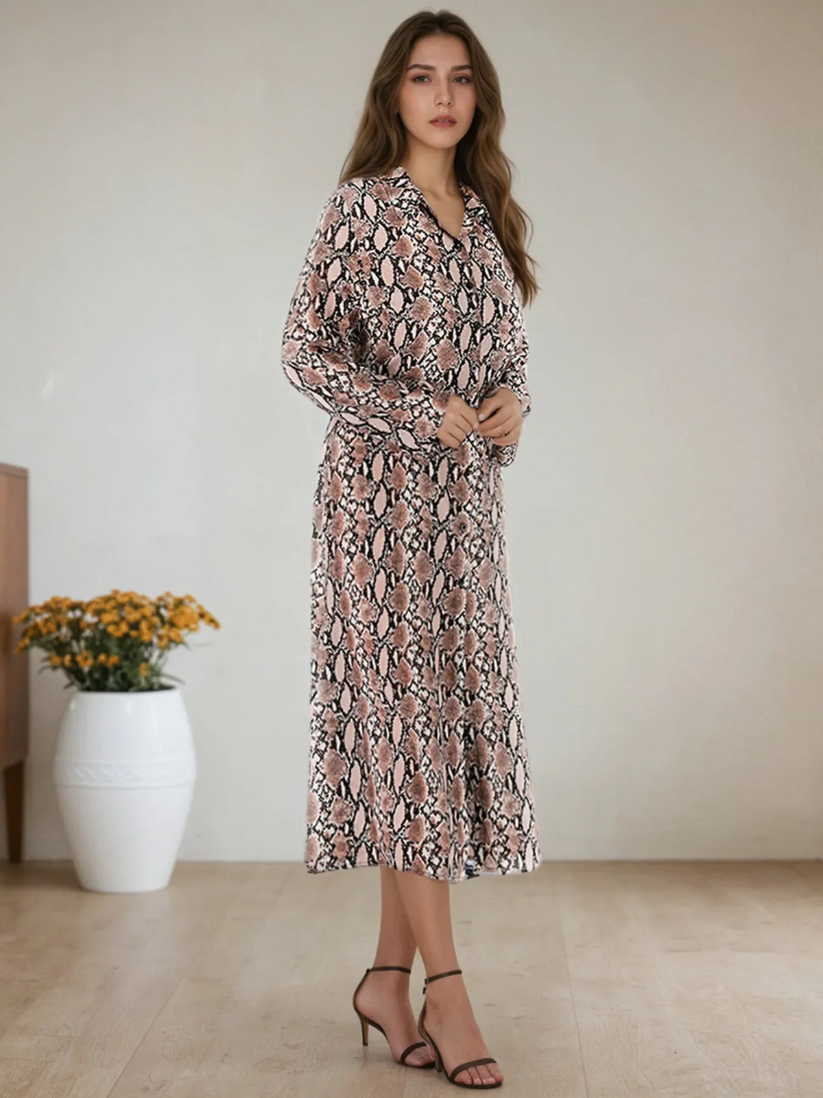 Snake Print Long Sleeve Shirt Dress