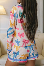 Bow Print Collared Neck Top and Shorts Lounge Set - Ladyez