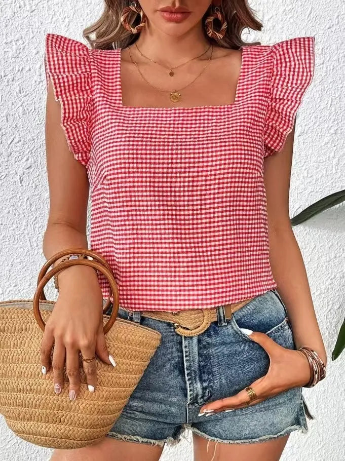 Ruffle Sleeve Gingham Square Neck Top - Ladyez