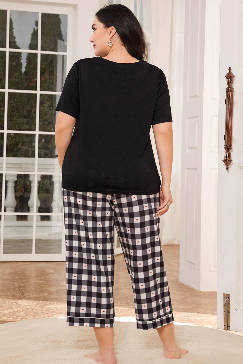 V-Neck Tee and Plaid Cropped Pants Lounge Set - Ladyez