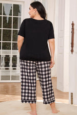 V-Neck Tee and Plaid Cropped Pants Lounge Set - Ladyez
