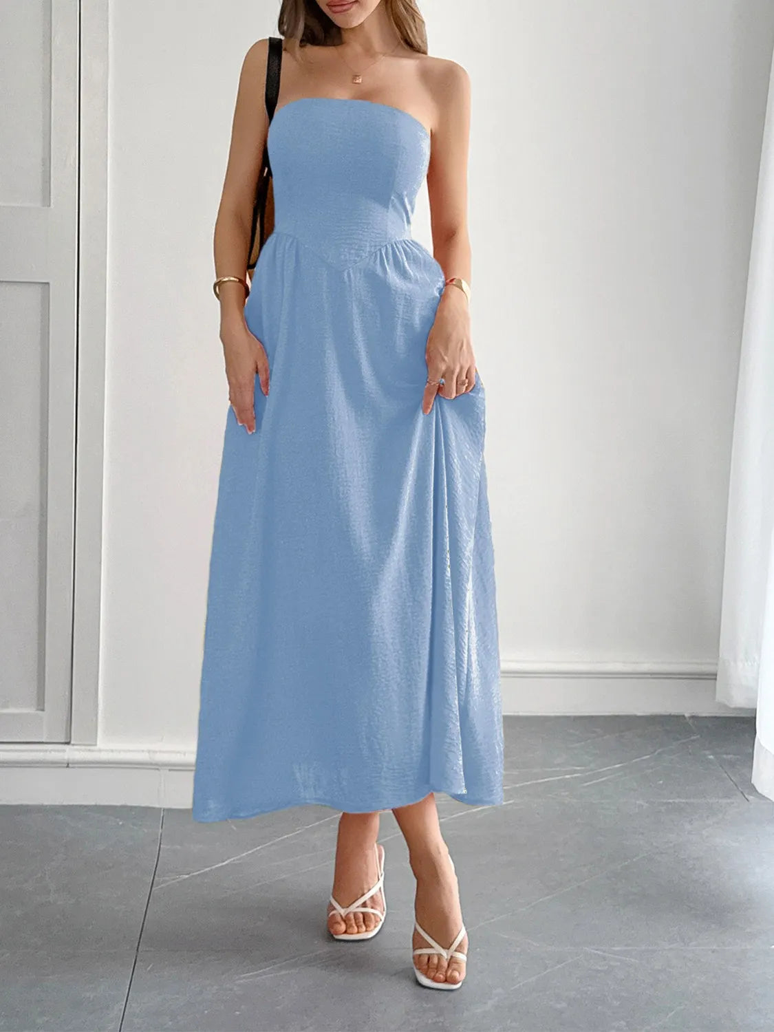 Strapless A-Line Midi Dress with Pockets - Ladyez
