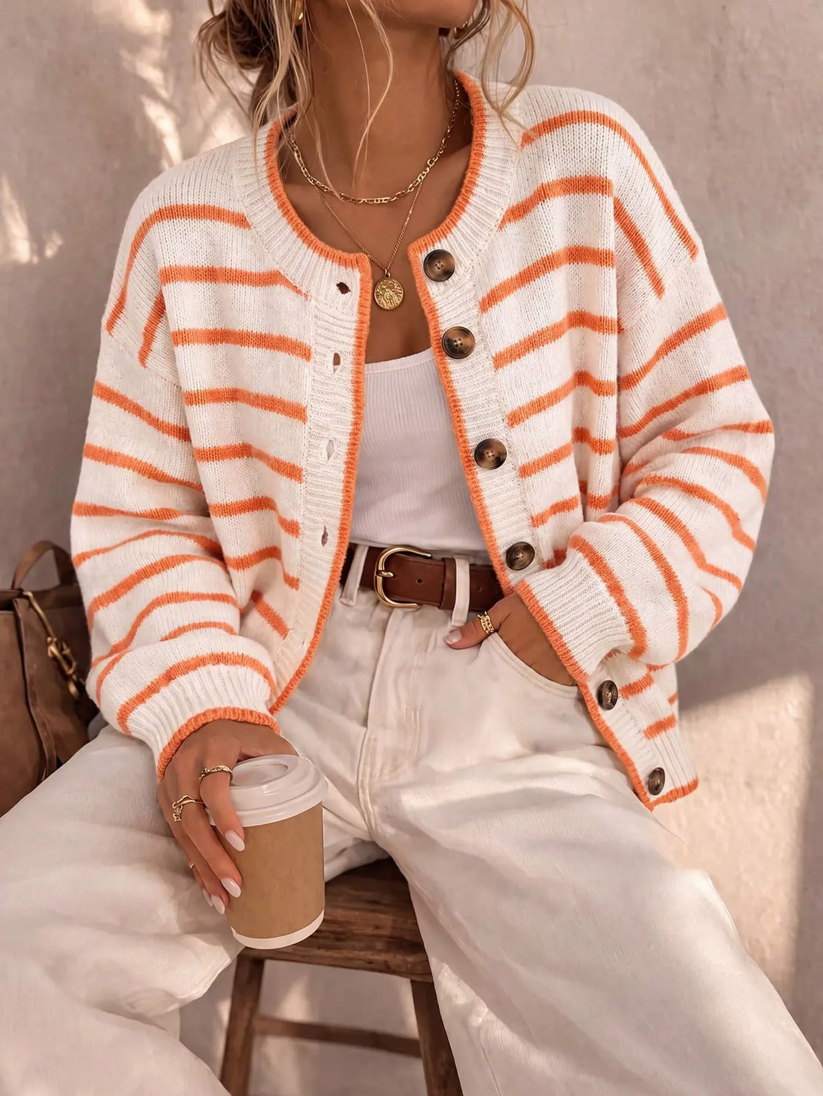 Striped Button-Down Knit Cardigan
