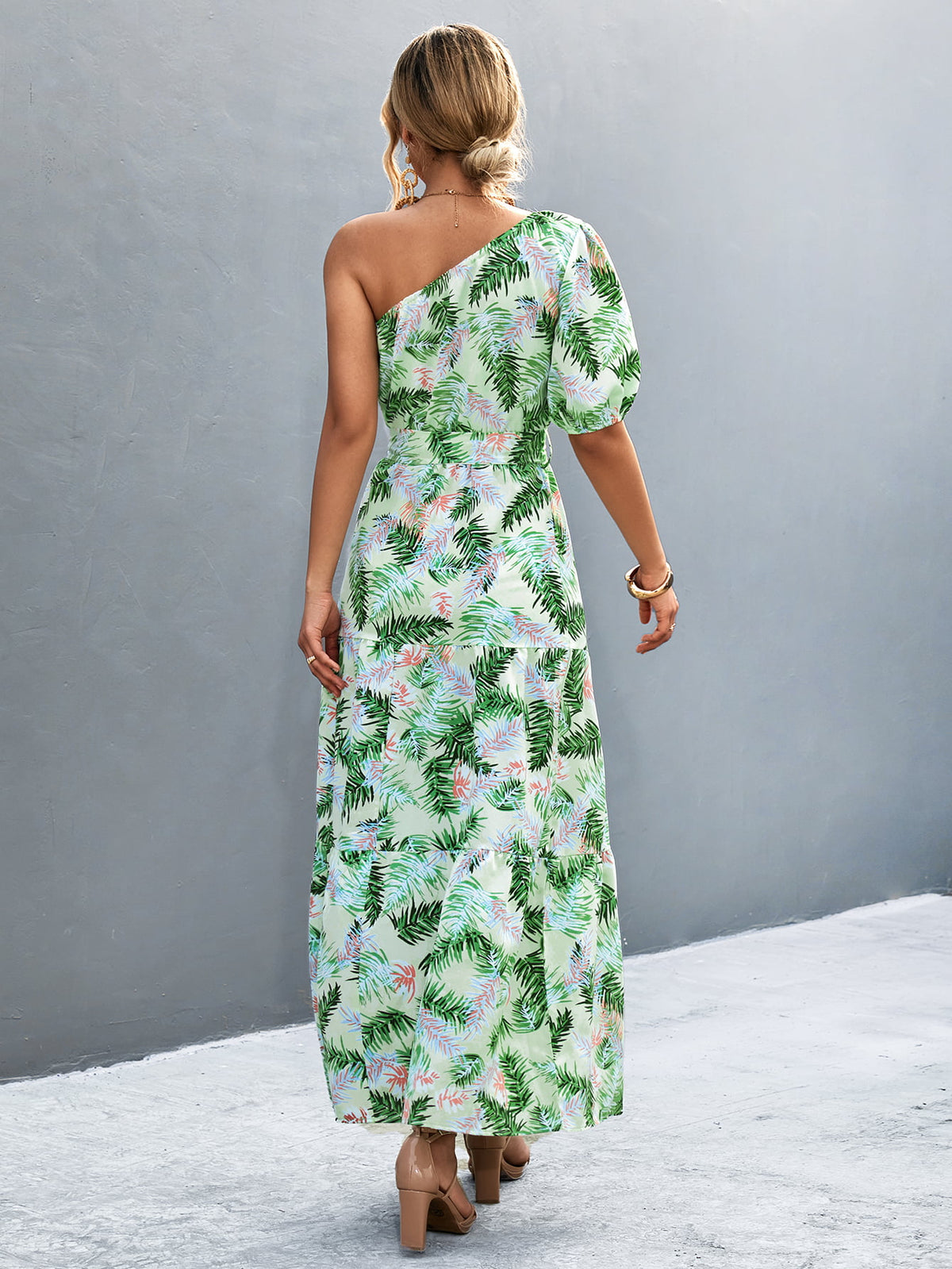 Printed Tie Waist One Shoulder Maxi Dress - Ladyez
