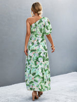 Printed Tie Waist One Shoulder Maxi Dress - Ladyez