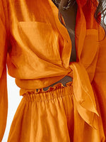 Full Size Button Up Balloon Sleeve Top and Shorts Set Plus Size - Ladyez