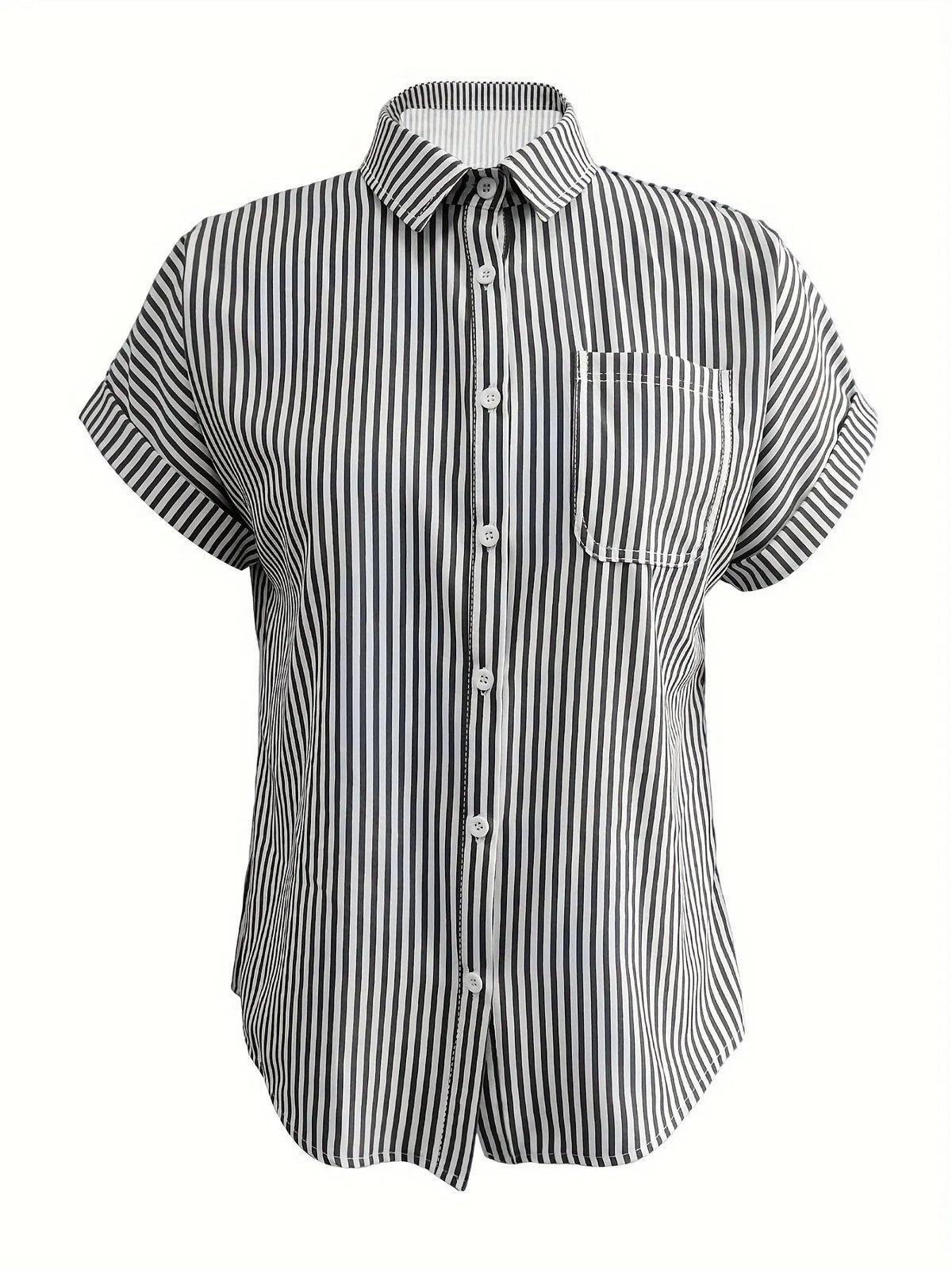 Full Size Striped Button-Up Casual Shirt with Pocket Plus Size - Ladyez