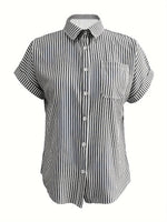 Full Size Striped Button-Up Casual Shirt with Pocket Plus Size - Ladyez