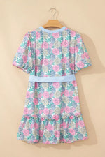 Floral Print Striped Contrast Trim Belted Short Dress