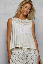 POL Round Neck Sleeveless Top with Crochet Contrast