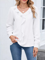 Ruffled V-Neck Long Sleeve Blouse
