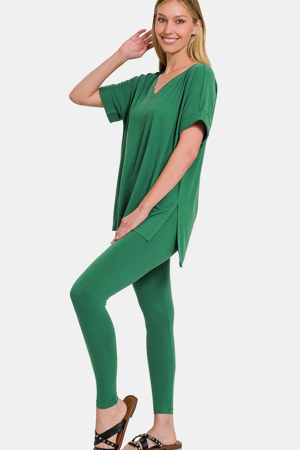 Zenana Full Size V-Neck Rolled Short Sleeve T-Shirt and Leggings Lounge Set - Ladyez