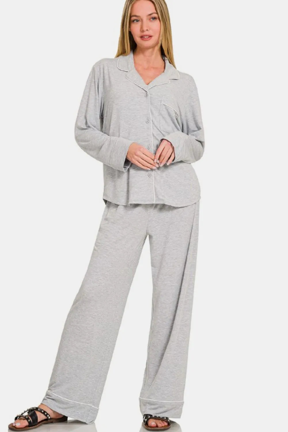 Zenana Button Down Long Sleeve Top and Pants Lounge Set - Ladyez