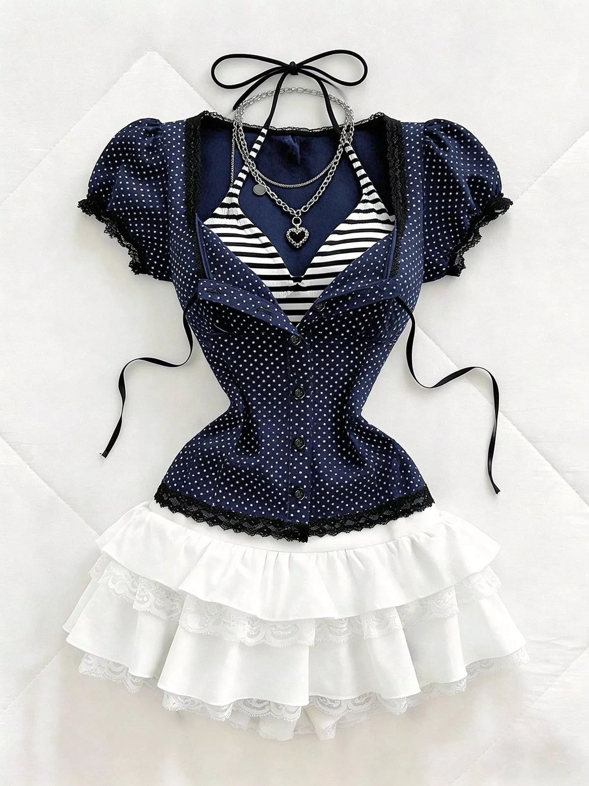 Polka Dot Lace Trim Puff Sleeve Top