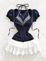 Polka Dot Lace Trim Puff Sleeve Top