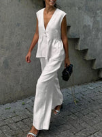 One Button Sleeveless Top and Wide-Leg Pants Set