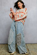 POL Boat Neck Long Sleeve Crochet Top with Granny Square Weaving