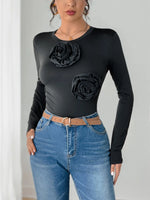 Perfee Flower Round Neck Long Sleeve Bodysuit