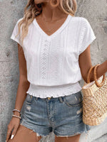 Eyelet V-Neck Short Sleeve Blouse - Ladyez