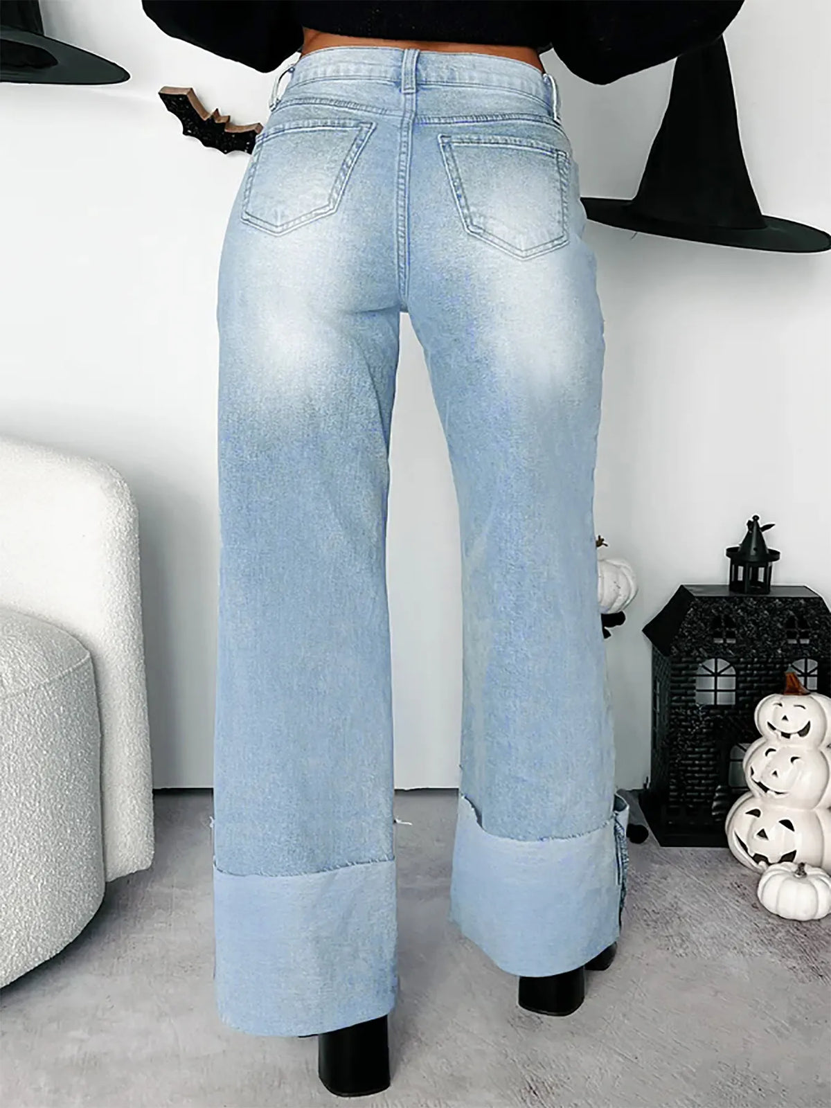 High-Waisted Wide-Leg Jeans with Cuffed Hem - Ladyez