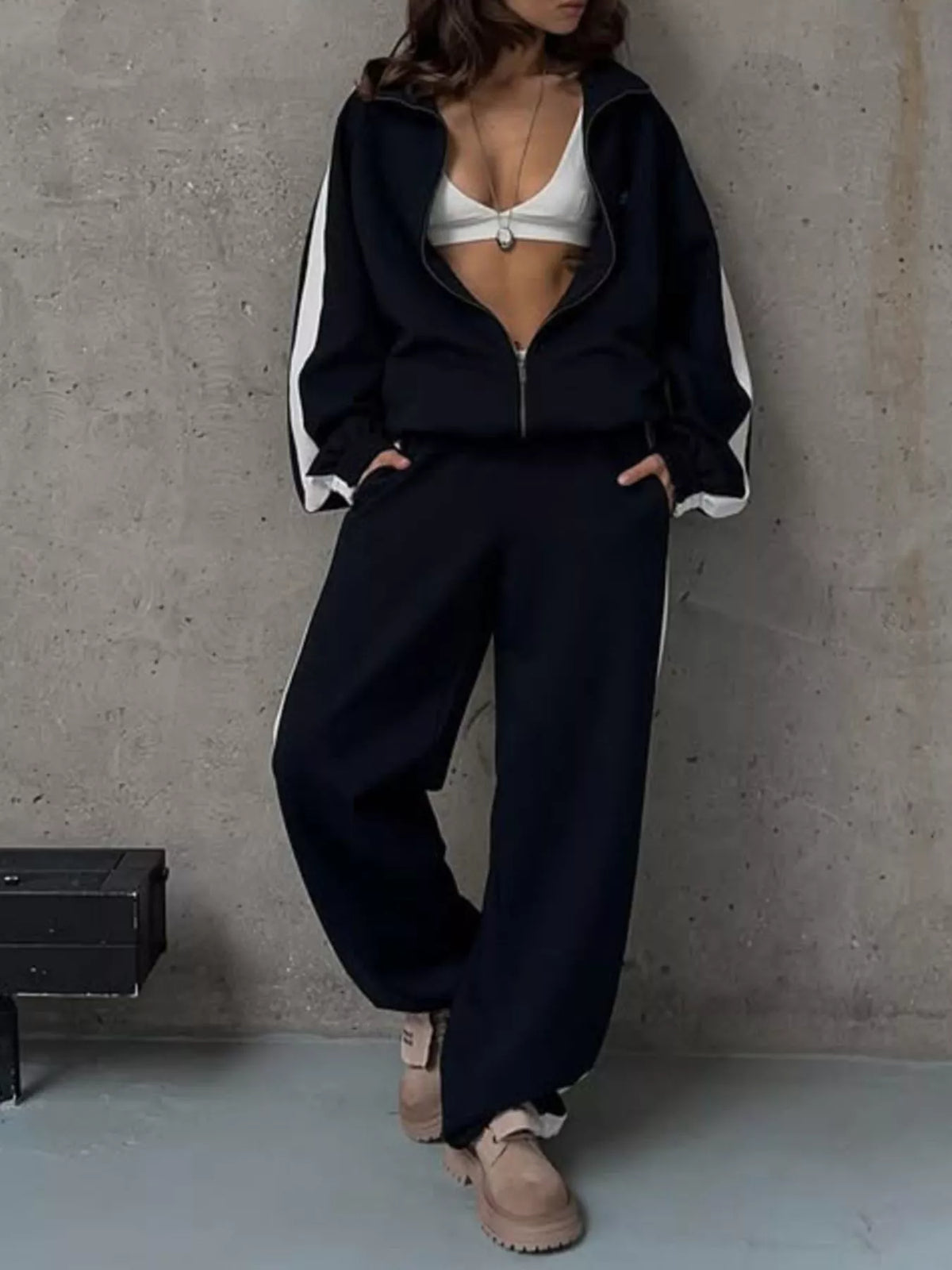 Zip Up Long Sleeve Outerwear and Pants Set