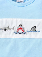 Children's Shark Embroidered T-shirt and Striped Shorts Set